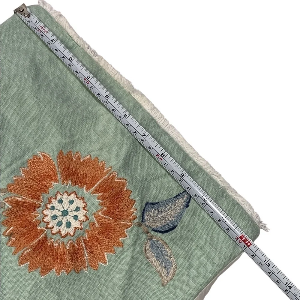 Pier 1 Green Floral Embroidered Fringe Ends Zip Back Pillow Case
